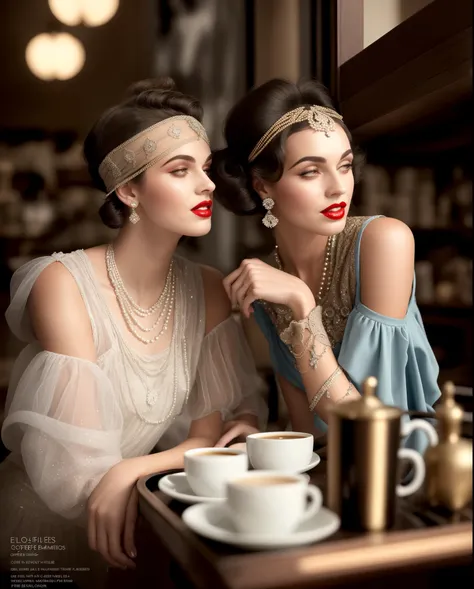 Two women in trendy dresses sitting at the table，Coffee on hand, wearing 1920s fashion, 1 9 2 0 s style, 1920s style, 1920s atmosphere, 1 9 2 0 s fabric style, 1920s fashion, Dystopian retro 1920s vibe, Roaring 20s，perfect hands，White lace high-end clothin...