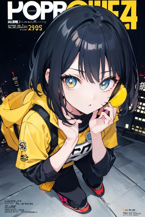 ((best quality)), perfect face, anime 90s retro style, grunge, tokyo city, cartoon,illustration,grunge, neon eyes, woman, tomboy haircut, very short hair, black hair, dark energy,emo clothes style,almond eyes, boy haircut, yellow vest clothes, night,(zoom ...