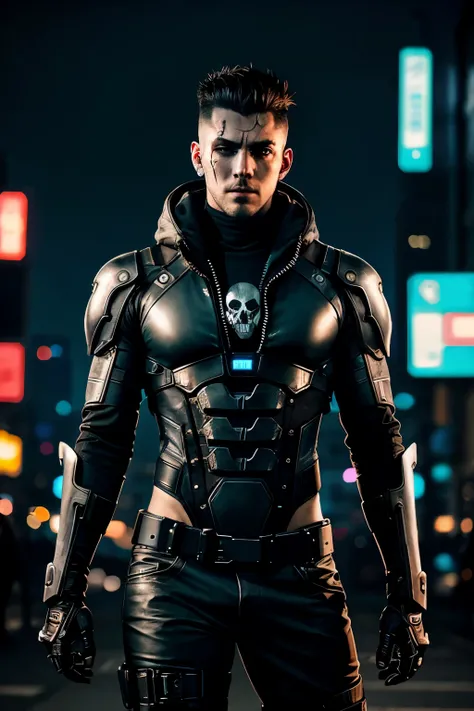 Professional photo in cyberpunk style, thigh-high photo, one man, metal skull, scar on face, metal torso, metal arms, old rusty armor, night city, neon lights, eye contact, looking at viewer, masterpiece, best quality, perfect  detail, perfect face detail,...