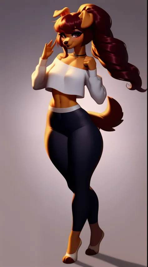 (score_9), (source_ derpibooru_p_95), (canine), ((anthro domestic dog :1.1)), (shoulderless top, yoga pants), blushing, solo, realistic long hair, bangs, anatomically correct, flat chest, hourglass figure, high res, pink bottom lip, extremely detailed, abs...