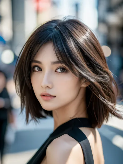 ((Best Quality, 8k, Masterpiece: 1.3)), Focus: 1.2, Perfect Body Beauty: 1.4, Buttocks: 1.2, ((Layered Haircut)), (Street:1.3), Black Dress: 1.1, Highly Detailed Face and Skin Texture, Fine Eyes, Double Eyelids, Whitened Skin, Long Hair, (Shut Up: 1.3)