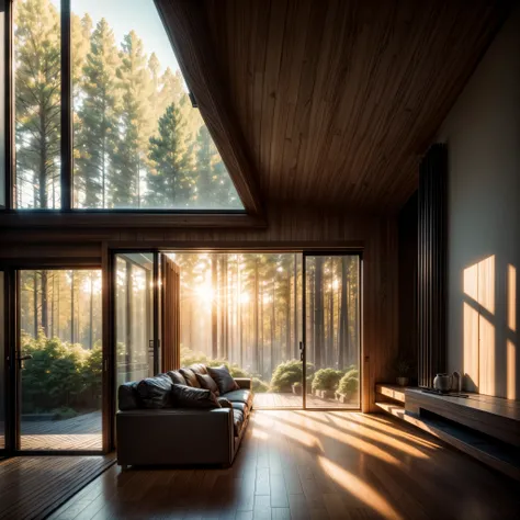 create interior of a modern villa in the forest, golden hour, cinematic lighting, photo realistic, concreate elements, render concreate, large modern residence, designed roofs, architectual visualization, architectural rendering, golden hour, render cozy e...