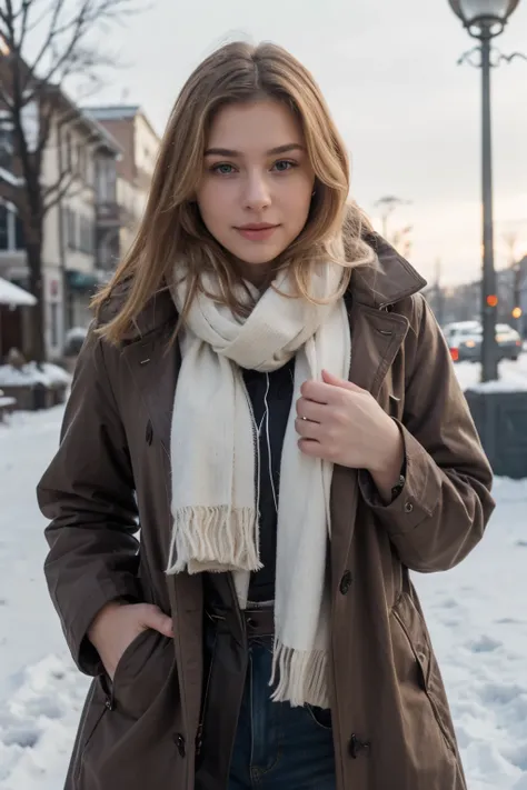 ((Best quality)), ((masterpiece)), (detailed), perfect face cute face, blonde hair, in the winter season in a long full-length coat