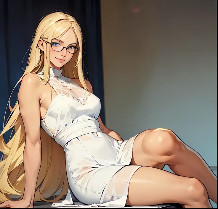 (blond, long hair), (blue eyes:1.1), gentle smile, glasses on face, female, (white dress:1.1), smooth skin, (slim figure), (thighs emphasized:1.1), (best quality, highres), portrait, peitos, seios pequenos