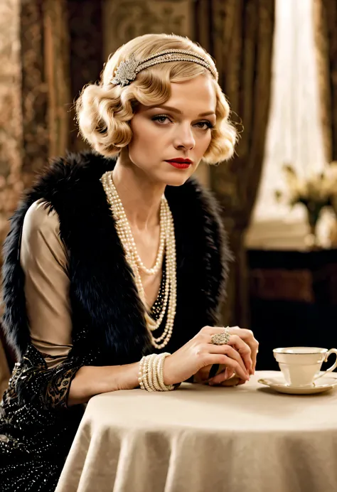 Woman wearing fashionable clothes sitting at table，Coffee on hand, The atmosphere of the 1920s, 1 9 2 0 s style, 1920s style, Roaring 20s, 1 9 2 0 s fabric style, Dressed in 1920s fashion, roaring twenties, Dystopian retro 1920s vibe, Art Deco era，（blond：1...