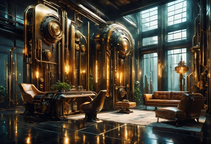 art deco design，Industrial plants，streamline moderne，industrial aesthetic，Abstraction，futuristic，Glass and metallic texture，Light luxury，Use clean lines and geometric shapes，Demonstrate the construction and function of mechanical and industrial components。