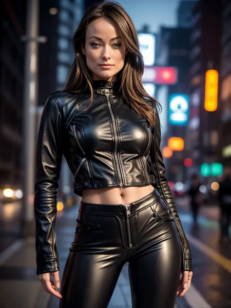 foto hiperrealista en primer plano de olivia wilde, masterpiece, best quality, (photorealistic:1.4), full body, (black zippered ...