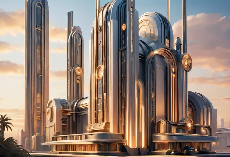 art deco design，Industrial plants，streamline moderne，industrial aesthetic，Abstraction，futuristic，Metallic，Light luxury，Use clean lines and geometric shapes，Demonstrate the construction and function of mechanical and industrial components。