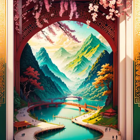 ancient chinese painting, ancient chinese background, mountains, river, auspicious clouds, pavilions, sunlight, masterpiece, super detail, epic composition, ultra hd, high quality, extremely detailed, official art, unified wallpaper, super detail, varies m...