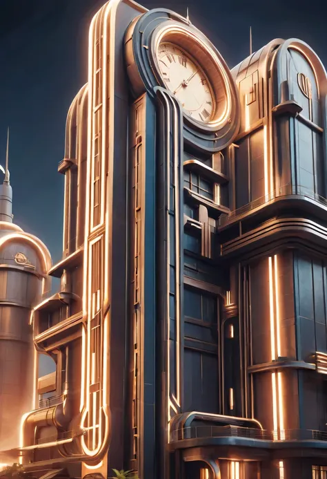 art deco design，Industrial plants，streamline moderne，industrial aesthetic，Abstraction，futuristic，Metallic，Light luxury，Use clean lines and geometric shapes，Demonstrate the construction and function of mechanical and industrial components。