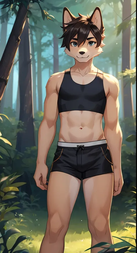 A boy in crop top in the forest, a young dog furry boy in crop top.