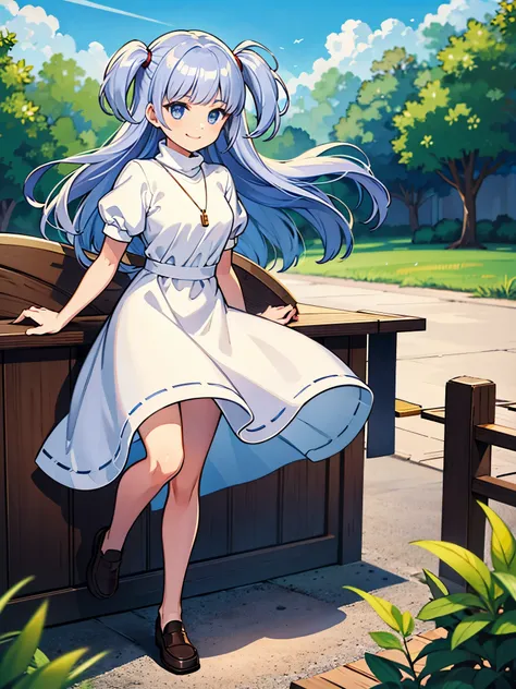 marisha, white robe, short leeves, trutleneck, smile, 1girl, marisha, blunt bangs, one side up, jewelry, puffy short sleeves, white dress, brown loafers, pendant, turtleneck, no socks, outdoors, smug smile