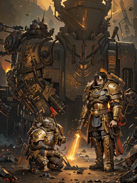 คนใส่ชุดเกราะประณีตสวยงาม ถือดาบไฟ warhammer40k space marines Horus heresy grimedark emperor of mankind