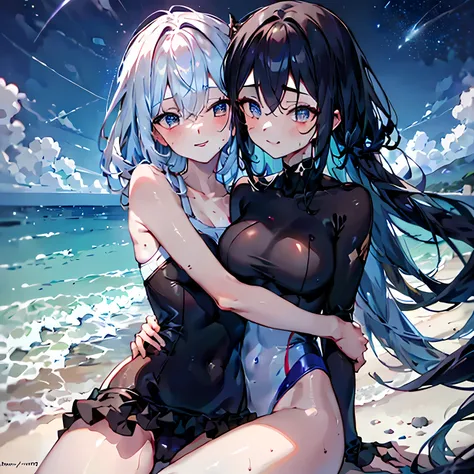 masterpiece, (best quality), ridiculous, dark skin, 2 girls, beach, swimsuit, Sweat, (Breast compressions:0.3), Smile, (Embrace:0.9), (actual:0.5),, masterpiece, best quality trending on artstation, Featured on deviantart, detailed, complex, epic work, bea...