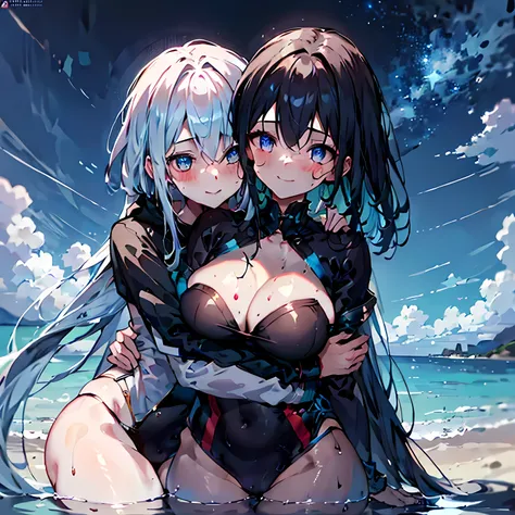 masterpiece, (best quality), ridiculous, dark skin, 2 girls, beach, swimsuit, Sweat, (Breast compressions:0.3), Smile, (Embrace:0.9), (actual:0.5),, masterpiece, best quality trending on artstation, Featured on deviantart, detailed, complex, epic work, bea...