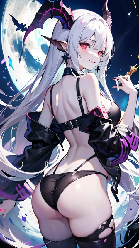 pale skin，dark风，wearing leg rings，long white hair，black eye shadow，red eyes，Abstinence，dark，goat horn，sickle，grim Reaper，butt close-up，succubus，Open the legs，Smile，Sticking out tongue，Battle damage，Broken clothes，back view，big ass，playful
，puppy