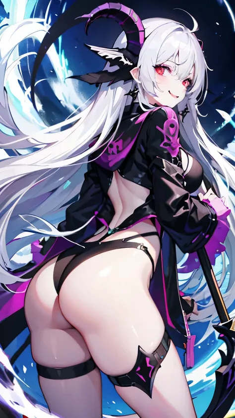 pale skin，dark风，wearing leg rings，long white hair，black eye shadow，red eyes，Abstinence，dark，goat horn，sickle，grim Reaper，butt close-up，succubus，Open the legs，Smile，Sticking out tongue，Battle damage，Broken clothes，back view，big ass，playful
，puppy