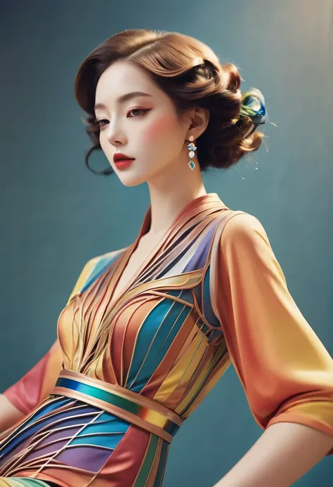 art deco design，fashion clothing，streamline moderne，Rainbow metallic thread，perfect details，exquisite craftsmanship，twist，rotate，prosody，flight，Complex and gorgeous、bright colors、full of imagination、artistic。