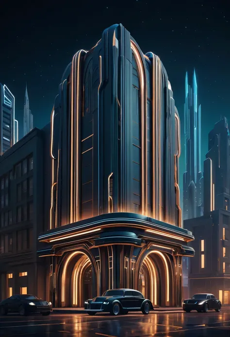 art deco design，urban buildings，streamline moderne，futuristic architecture, Abstraction，modern style，Luxury and Luxury，Future night view，Futuristic decorative elements，Metallic，number line，sci-fi lamp，Virtual Engine，Unreal rendering