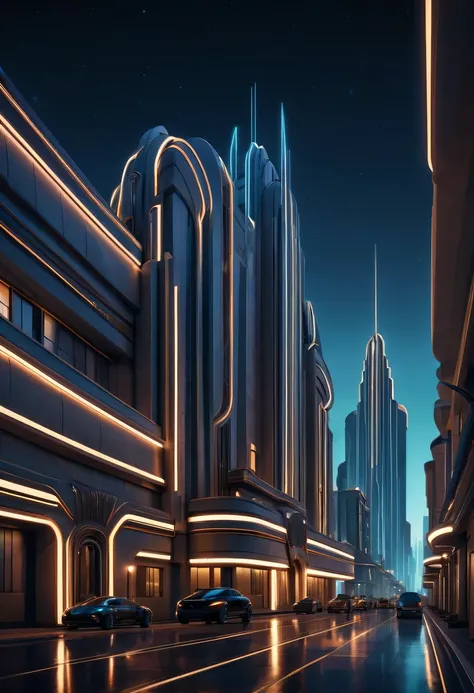 art deco design，urban buildings，streamline moderne，futuristic architecture, Abstraction，modern style，Luxury and Luxury，Future night view，Futuristic decorative elements，Metallic，number line，sci-fi lamp，Virtual Engine，Unreal rendering