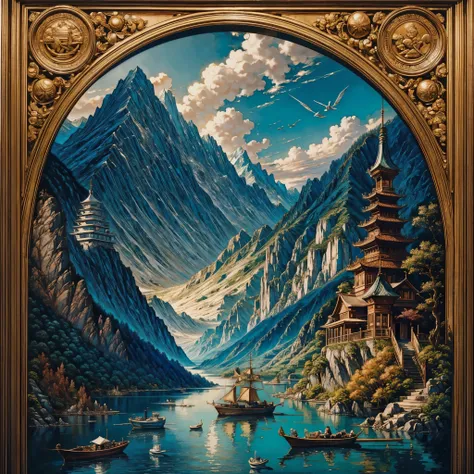 Epic ancient chinese painting, ancient chinese background, mountains, river, auspicious clouds, pavilions, sunlight, ultra masterpiece, super details, epic composition, ultra hd, ultra high-quality, extremely detailed, official art, unified wallpaper, hype...