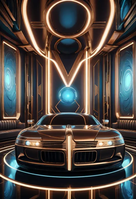 art deco design， futuristic room,Abstraction，modern style，Luxury and Luxury，Futuristic decorative elements，Metallic，number line，sci-fi lamp，Virtual Engine，rendering