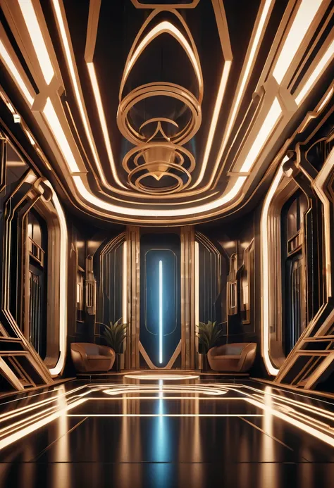 art deco design， futuristic room,Abstraction，modern style，Luxury and Luxury，Futuristic decorative elements，Metallic，number line，sci-fi lamp，Virtual Engine，rendering