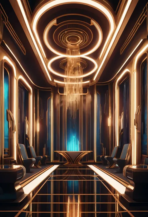 art deco design， futuristic room,Abstraction，modern style，Luxury and Luxury，Futuristic decorative elements，Metallic，number line，sci-fi lamp，Virtual Engine，rendering