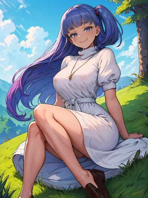 marisha, white robe, short leeves, trutleneck, smile, 1girl, marisha, blunt bangs, ((one side up:1.2)), jewelry, puffy short sleeves, white dress, brown loafers, pendant, turtleneck, no socks, outdoors, smug smile, side ponytail, bratty, , , 