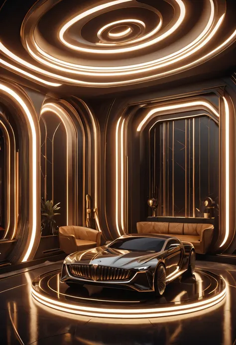 art deco design， futuristic room,Abstraction，modern style，Luxury and Luxury，Futuristic decorative elements，Metallic，number line，sci-fi lamp，Virtual Engine，rendering