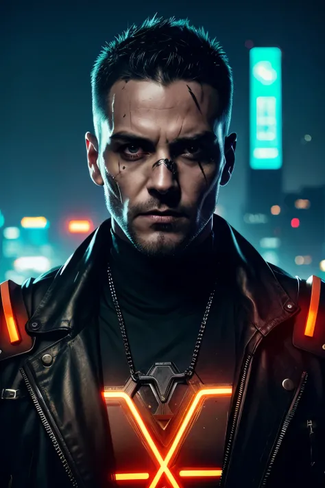 Professional photo in cyberpunk style, thigh-high photo, one man, metal skull, scar on face, metal torso, metal arms, old rusty armor, night city, neon lights, eye contact, looking at viewer, masterpiece, best quality, perfect  detail, perfect face detail,...