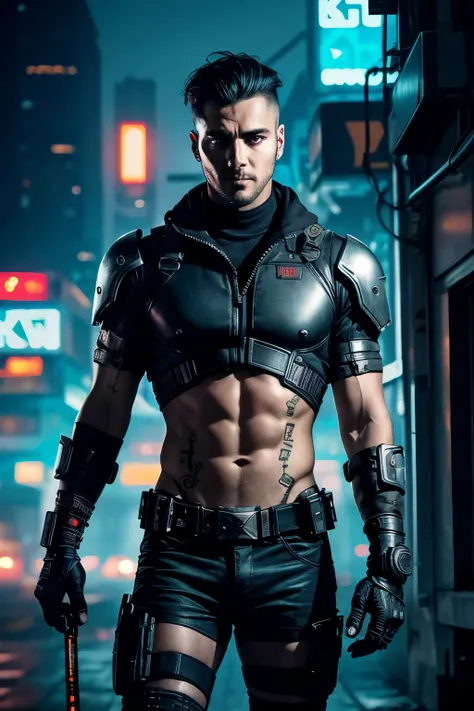 Professional photo in cyberpunk style, thigh-high photo, one man, metal skull, scar on face, metal torso, metal arms, old rusty armor, night city, neon lights, eye contact, looking at viewer, masterpiece, best quality, perfect  detail, perfect face detail,...