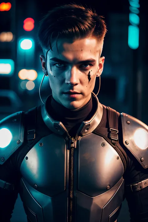 Professional photo in cyberpunk style, thigh-high photo, one man, metal skull, scar on face, metal torso, metal arms, old rusty armor, night city, neon lights, eye contact, looking at viewer, masterpiece, best quality, perfect  detail, perfect face detail,...