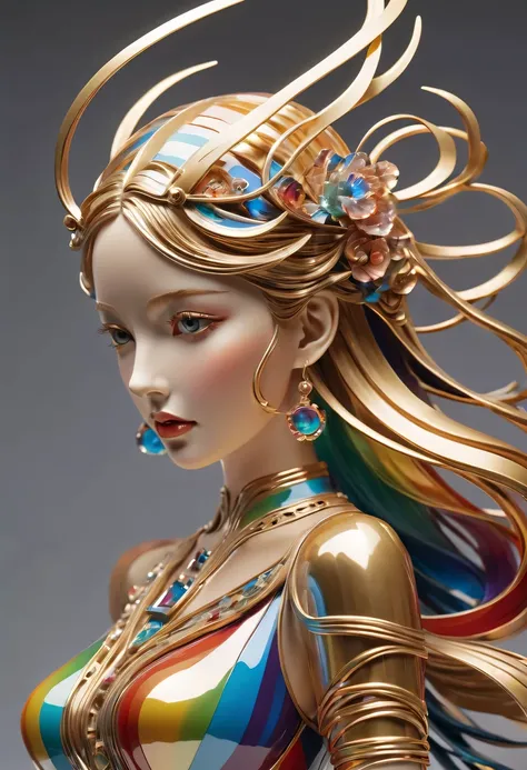 art deco design，golden beauty sculpture，streamline moderne，Rainbow metallic thread，perfect details，exquisite craftsmanship，twist，rotate，prosody，flight，Complex and gorgeous、bright colors、full of imagination、artistic。