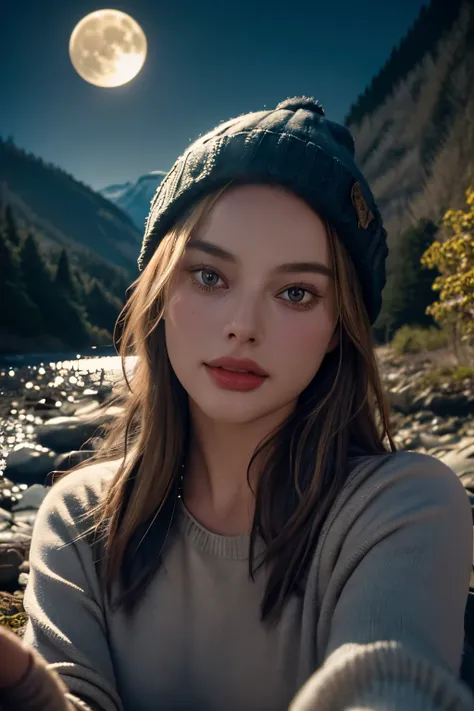 Margot Robbie, photorealistic, best quality, hyper detailed, beautiful woman, selfie photo, upper body, solo, wearing pullover, outdoors, (night), mountains, real life nature, stars, moon, (cheerful, happy), sleeping bag, gloves, sweater, beanie, flashligh...