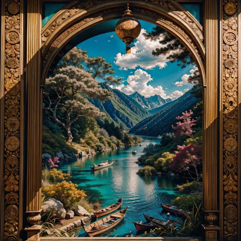 Epic ancient chinese painting, ancient chinese background, mountains, river, auspicious clouds, pavilions, sunlight, ultra masterpiece, super details, epic composition, ultra hd, ultra high-quality, extremely detailed, official art, unified wallpaper, hype...