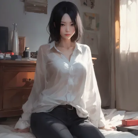 Painting of a woman sitting on the bed in a room, by Yanjun Cheng, guweiz style artwork, author：Zhang Han, guweiz, author：Yang Jie, by Zhou Wenjing, inspired by Yanjun Cheng, author：Li Song, author：Lin Liang, by Ren Xiong, author：Russell Dongjun Lu, Zhao Y...