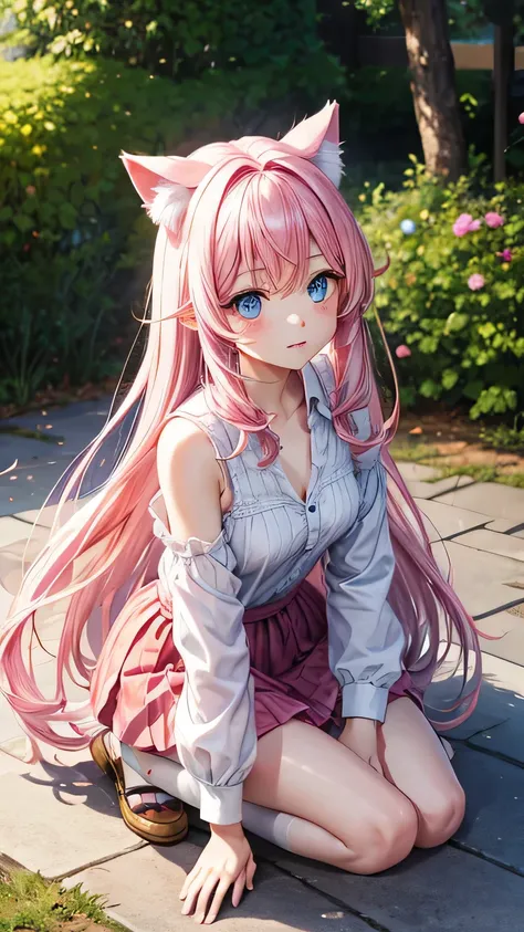 pink hair　blue eyes　delicate and beautiful　Cat-eared girl　whole body