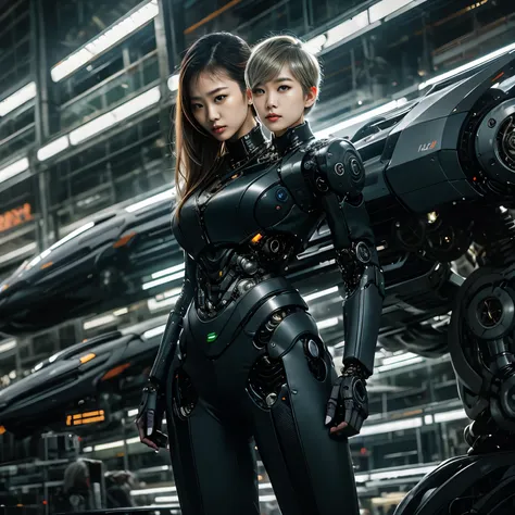 best resolution, 2heads, asian cyborg woman with two heads, pixie cut, ponytail, blonde hair, futuristic jacket, mechanical back...