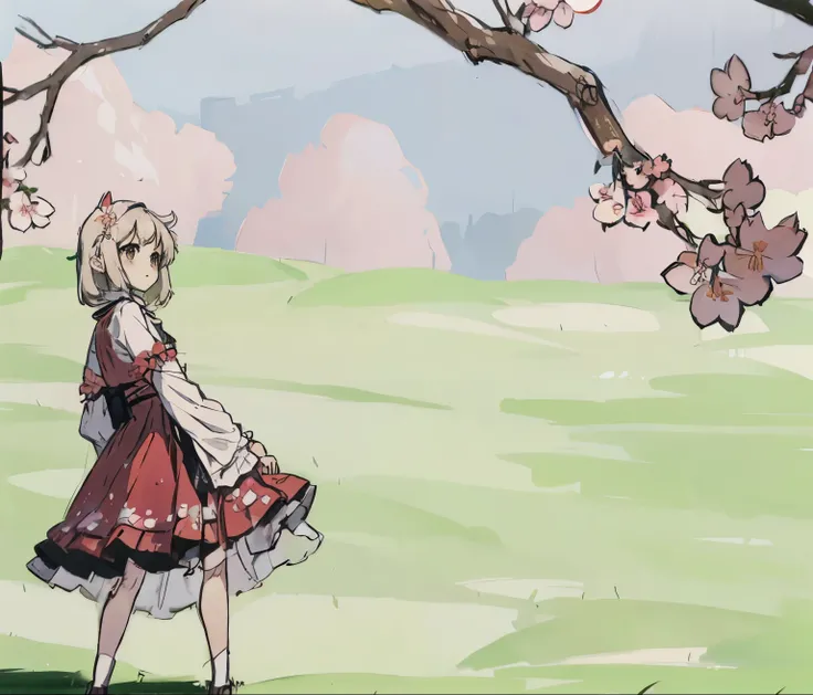 A cherry blossom tree on the right side of the screen,green grasslands,girl sitting under tree,Red Lolita dress