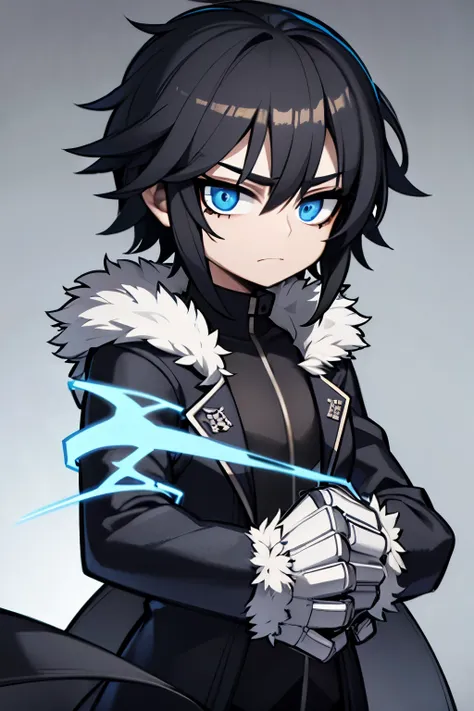 black clothes, light blue eyes, black hair, mid-upper body, black jacket with fur on the line,