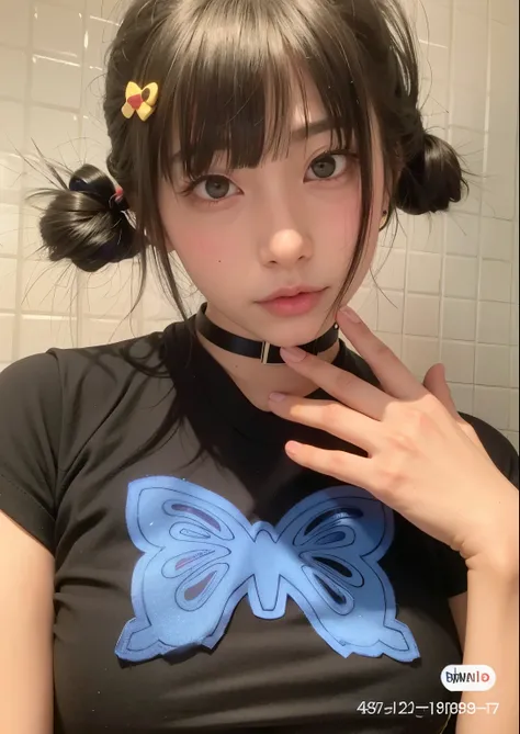 there is a woman with a black shirt and a blue bow, e - girl, e-girl, with black pigtails, chiho, shikamimi, belle delphine, y 2 k cutecore clowncore, anime vibes, shiori teshirogi, 1 7 - year - old anime goth girl, hana yata