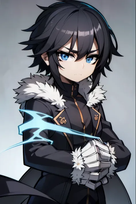 black clothes, light blue eyes, black hair, mid-upper body, black jacket with fur on the line, boy