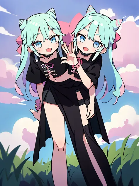 (2heads:1.5), masterpiece, best quality, rosado, otoko no ko, cone hair buns, hair bow, black crop top, wristband, black skirt, single thighhigh, looking at viewer, leaning forward, smile, furrowed brow, open mouth, hands to heart, field, clouds, sky, hand...