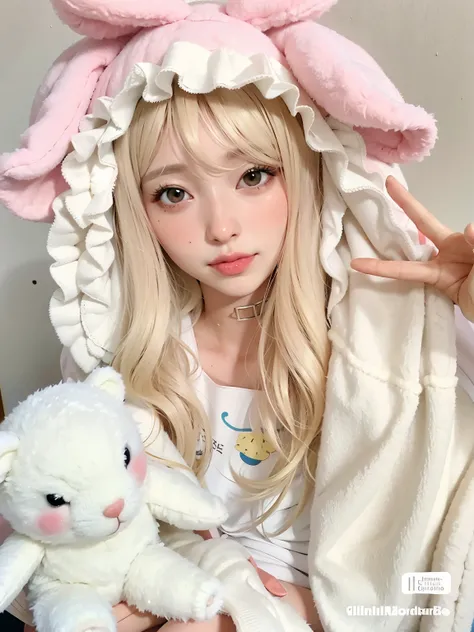  blonde haired woman in a pink and white robe holding a stuffed animal, ultrarrealista doce coelhinho ,  Nice kawaii, with long drooping rabbit ears, muito bonita gatinha fofa, Ruan Vtuber Fofo, Anime Garota Cosplay, linda Delfina, retrato realista kawaii,...