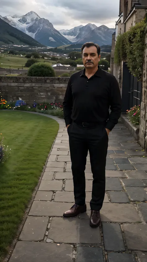 A middle-aged man stands upright wearing black trousers and a dark brown shirt., black boots, lane, granite paving slabs, pebbles, grass, flowers, mountains behind, Cloudy weather