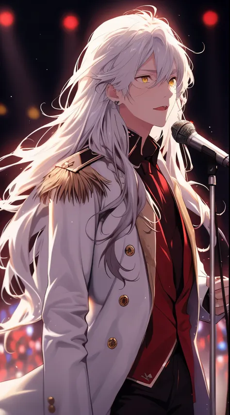 long eyes, beautiful young man, silver hair, long hair, yellow eyes, waist belt, dark contrast trim, white military style jacket...