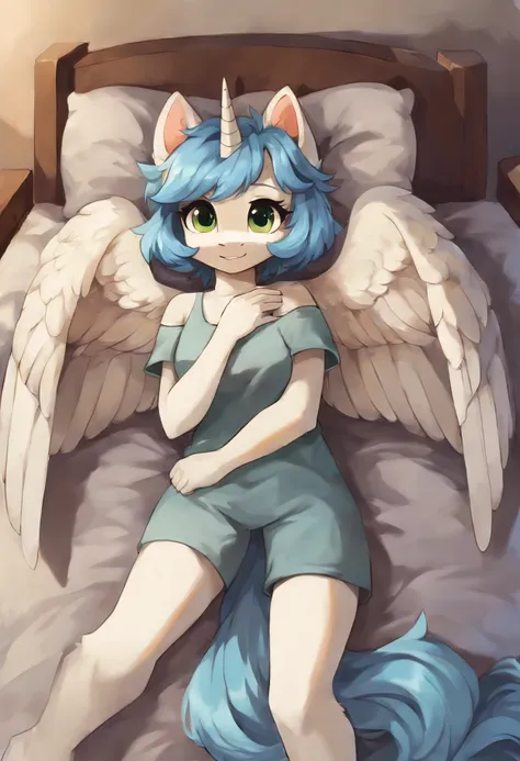 (rating_safe), score_9,((derpibooru_p_95)), anthro,female,alicorn,blankflank,white body,light blue tail, short cut light blue mane,green eyes, white wings, spreading wings,bedroom,lying on back, on bed,cute,fluffy,solo