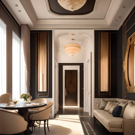 Art Deco, Wall decoration, Symmetrical geometric pattern, mirror and metal, Streamlined and dynamic elements, architecture, Luxury renovation, modern