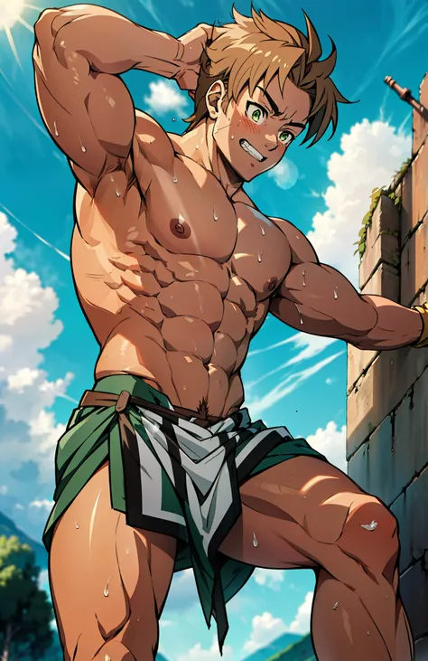 Showing off his muscular muscular back, red skin, bright red skin, the boy blushed shyly , rosy skin, shiny skin(muscular thigh muscles )( anime style, art) (photo angle from bottom up) (photo angle from the ground upwards) [Anime photo][highest quality ph...